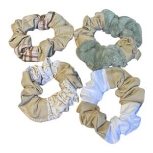 Assorted Hair Scrunchies Handmade Floral Plaid Beige White Green Plush NEW X4